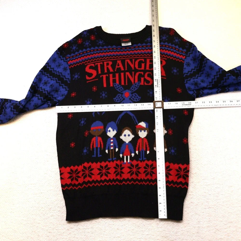 Stranger Things Mens XL Sweater Black Blue Red Demogorgon Cast Holiday Knit